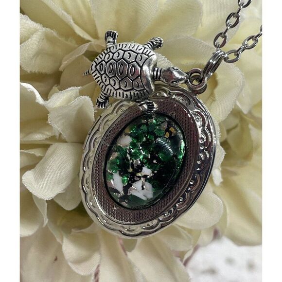 Green Turtle Opal Silver Nautical Beach Mermaid Photo Locket Necklace Valentines - Picture 1 of 16